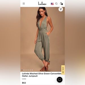 Lulu’s Lolinda Washed Olive Green Convertible Halter Jumpsuit Size: M